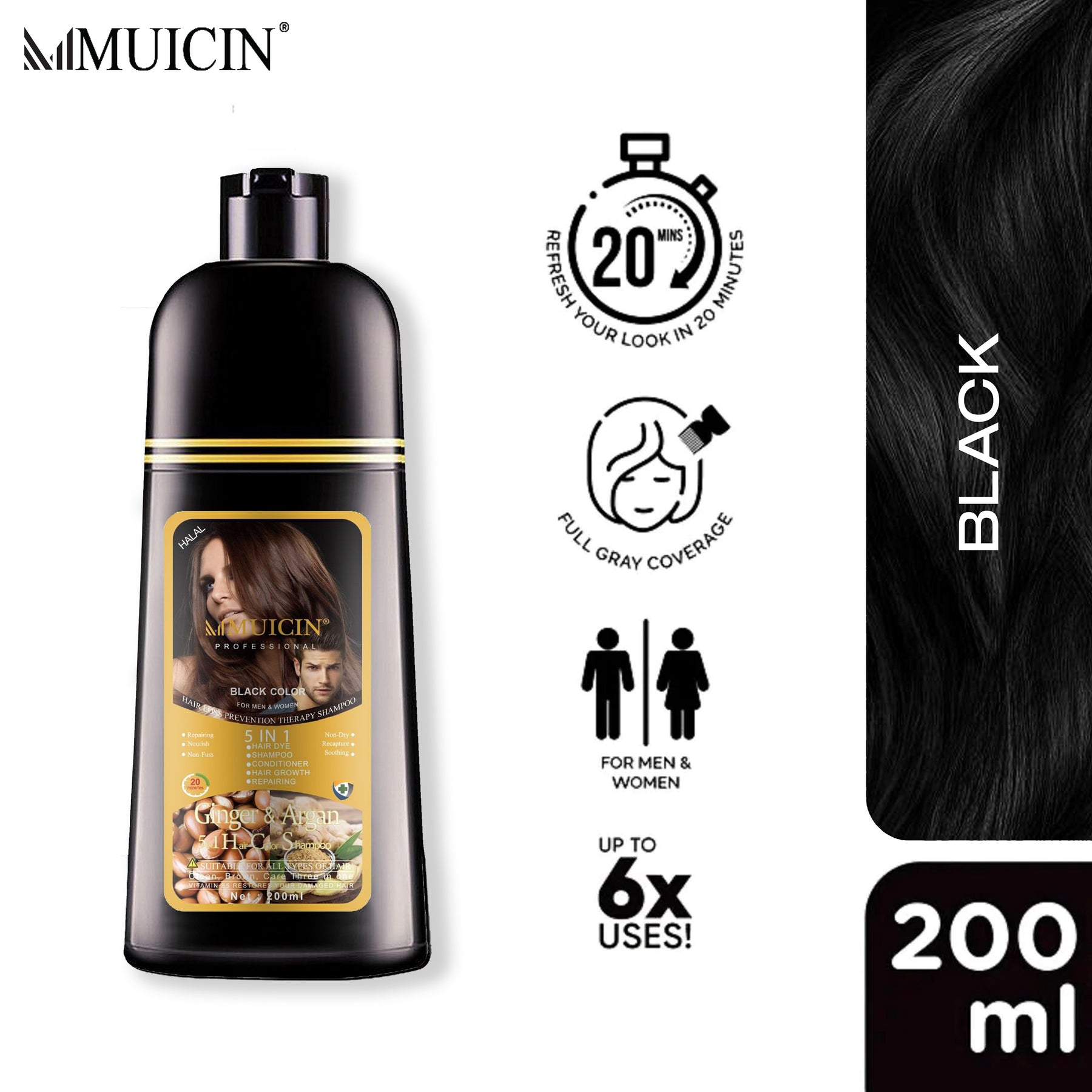 Buy MUICIN - 5 in 1 Hair Color Shampoo With Ginger & Argan Oil - Black 200ml at Best Price Online in Pakistan