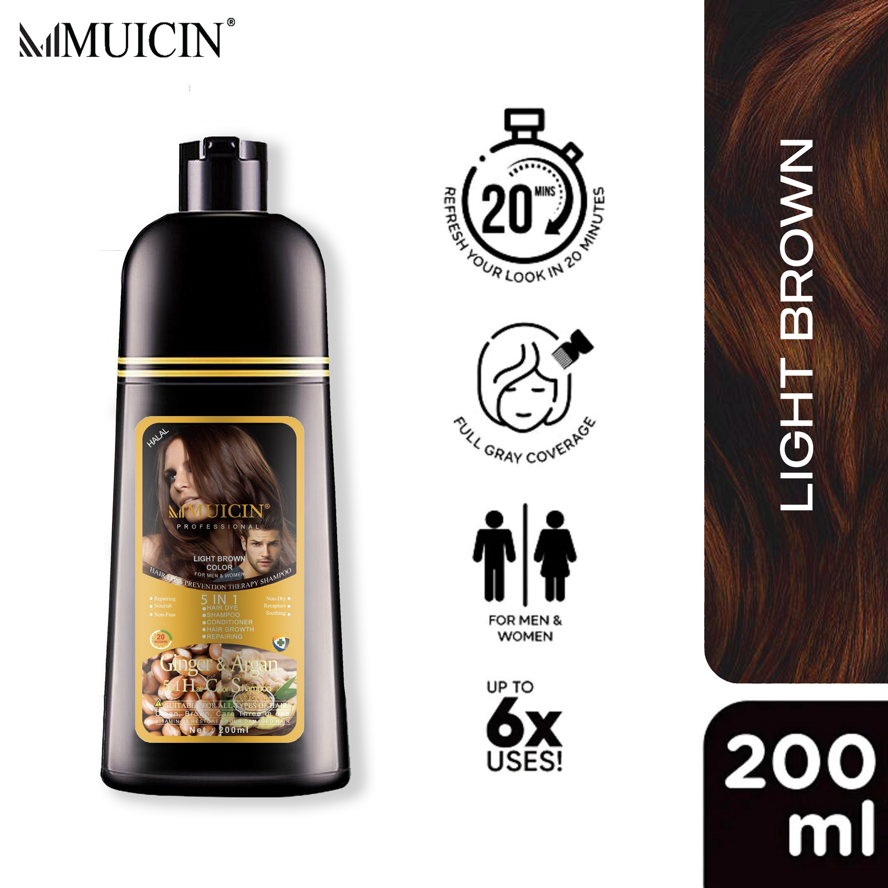 Buy MUICIN - 5 in 1 Hair Color Shampoo With Ginger & Argan Oil - Light brown 200ml at Best Price Online in Pakistan
